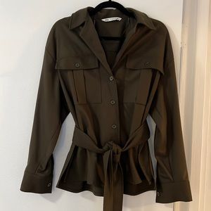 Zara Belted Button Down Top Military Green Size Small